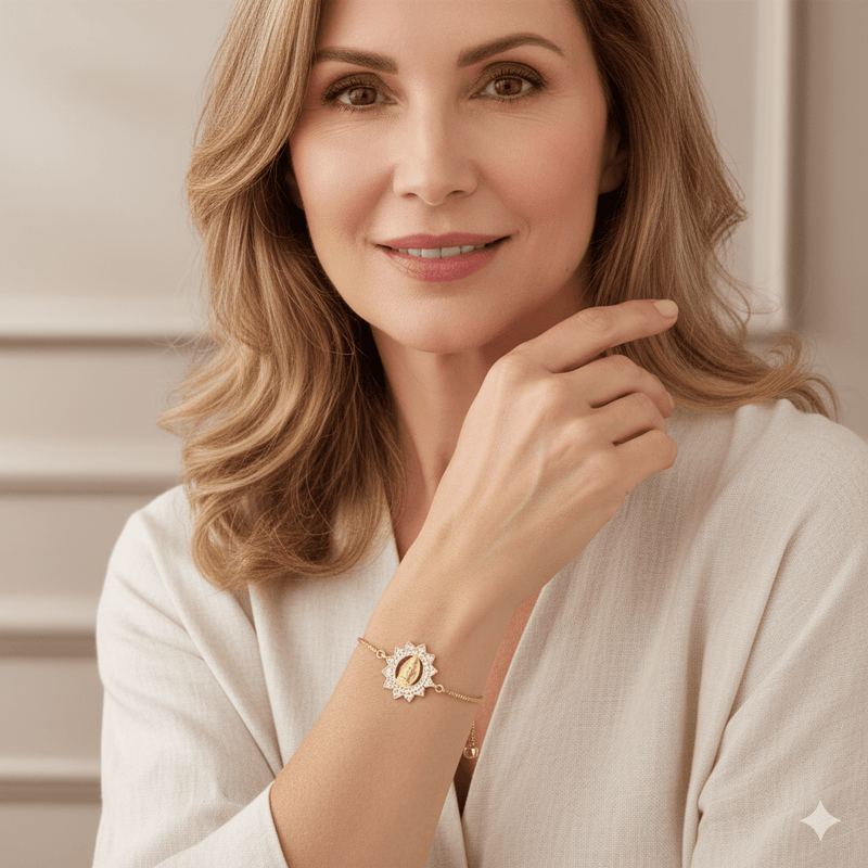 Gold - Plated Guadalupe Adjustable Bracelet w/ White Zirconia 7.5 - inch - Guadalupe Gifts