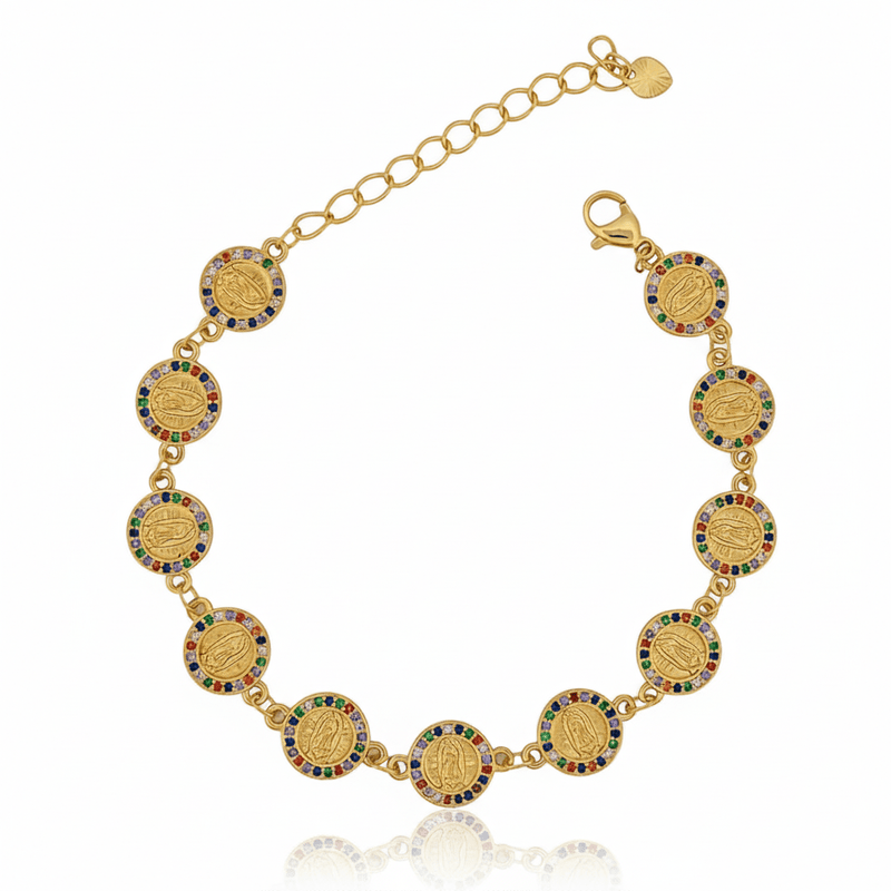 Gold - Plated Guadalupe Coin Bracelet w/ Crystals 7.5 - inch - Guadalupe Gifts