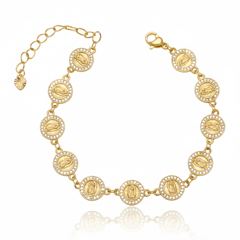 Gold - Plated Guadalupe Coin Bracelet w/ Crystals 7.5 - inch - Guadalupe Gifts