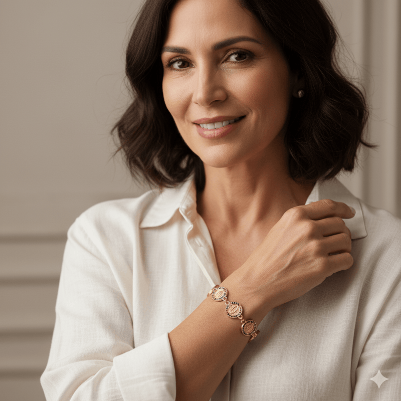 Gold - Plated Guadalupe Coin Bracelet w/ Crystals 7.5 - inch - Guadalupe Gifts