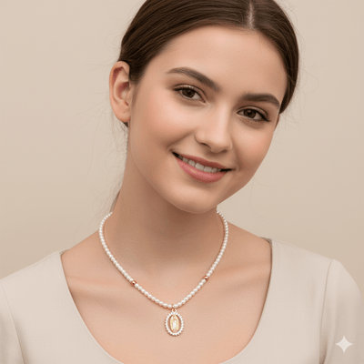 Gold - Plated Guadalupe Pendant Freshwater Pearl Bead Necklace 18 - inch - Guadalupe Gifts