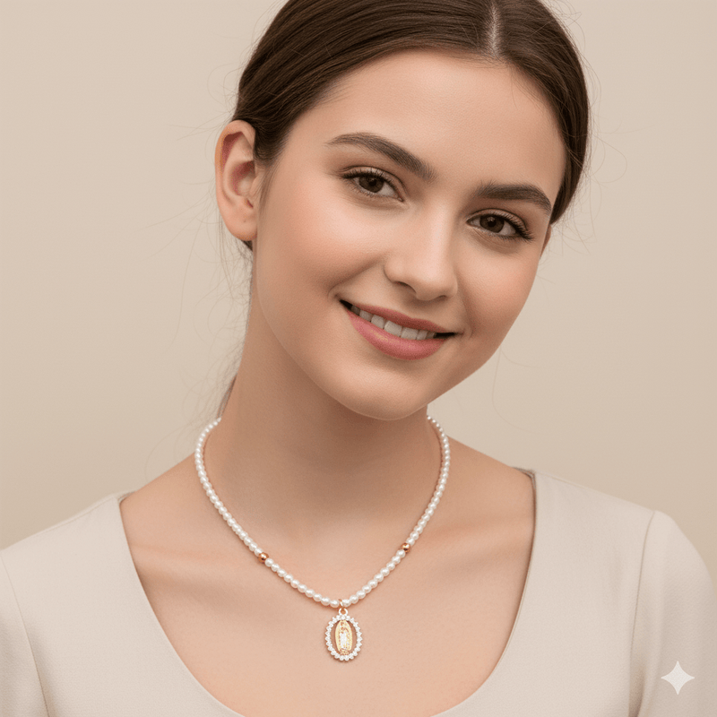 Gold - Plated Guadalupe Pendant Freshwater Pearl Bead Necklace 18 - inch - Guadalupe Gifts