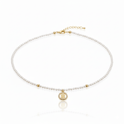 Gold - Plated Guadalupe Pendant Freshwater Pearl Bead Necklace 18 - inch - Guadalupe Gifts