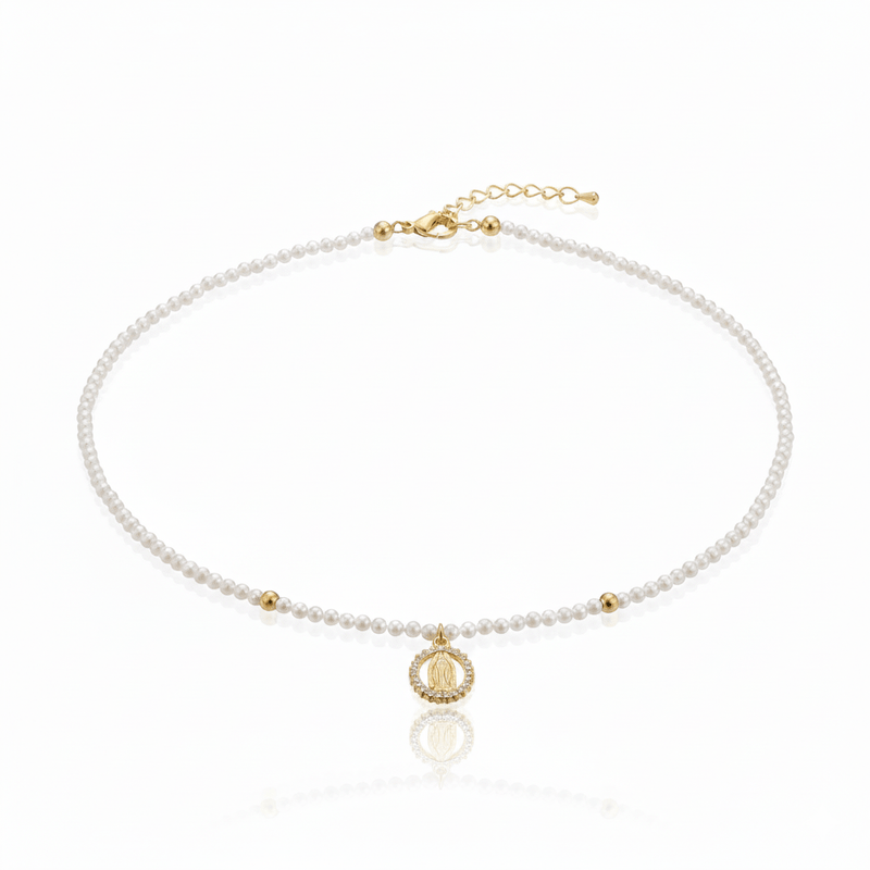 Gold - Plated Guadalupe Pendant Freshwater Pearl Bead Necklace 18 - inch - Guadalupe Gifts