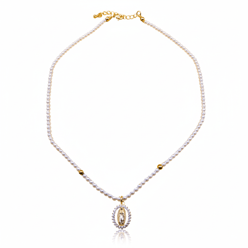 Gold - Plated Guadalupe Pendant Freshwater Pearl Bead Necklace 18 - inch - Guadalupe Gifts