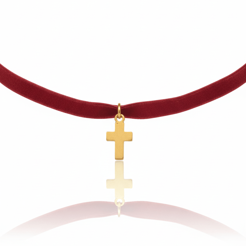 Gold - Plated Mini Cross Velvet Necklace 18 - inch - Guadalupe Gifts
