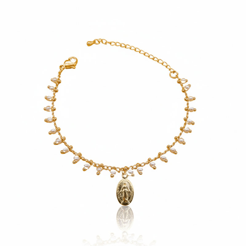 Gold - Plated Miraculous Beaded Mini - Pearls Bracelet 7"+ 2.5" - Guadalupe Gifts