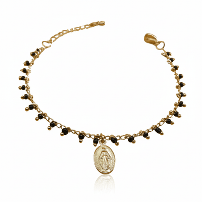 Gold - Plated Miraculous Medal Black Bead Bracelet 7"+ 2.5" - Guadalupe Gifts