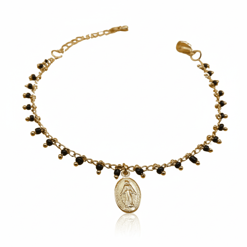 Gold - Plated Miraculous Medal Black Bead Bracelet 7"+ 2.5" - Guadalupe Gifts
