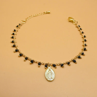 Gold-plated Miraculous Medal Black Bead Bracelet 7"+ 2.5" - Guadalupe Gifts