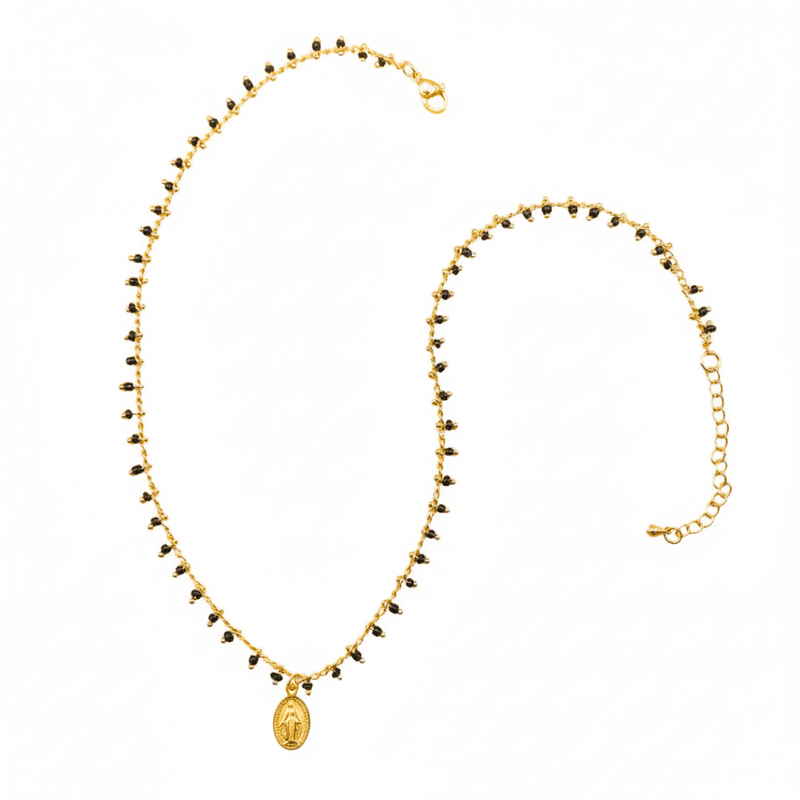 Gold - Plated Miraculous Medal Black Beaded Necklace 18 - inch - Guadalupe Gifts