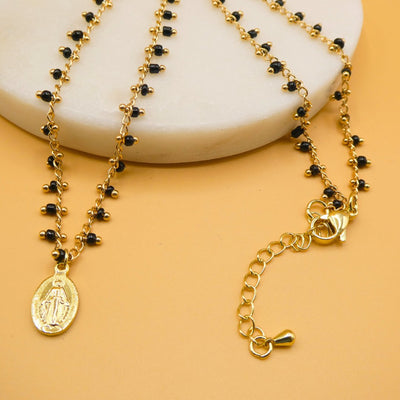 Gold-Plated Miraculous Medal Black Beaded Necklace 18-inch - Guadalupe Gifts