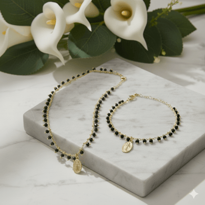 Gold - Plated Miraculous Medal Black Beaded Necklace 18 - inch - Guadalupe Gifts