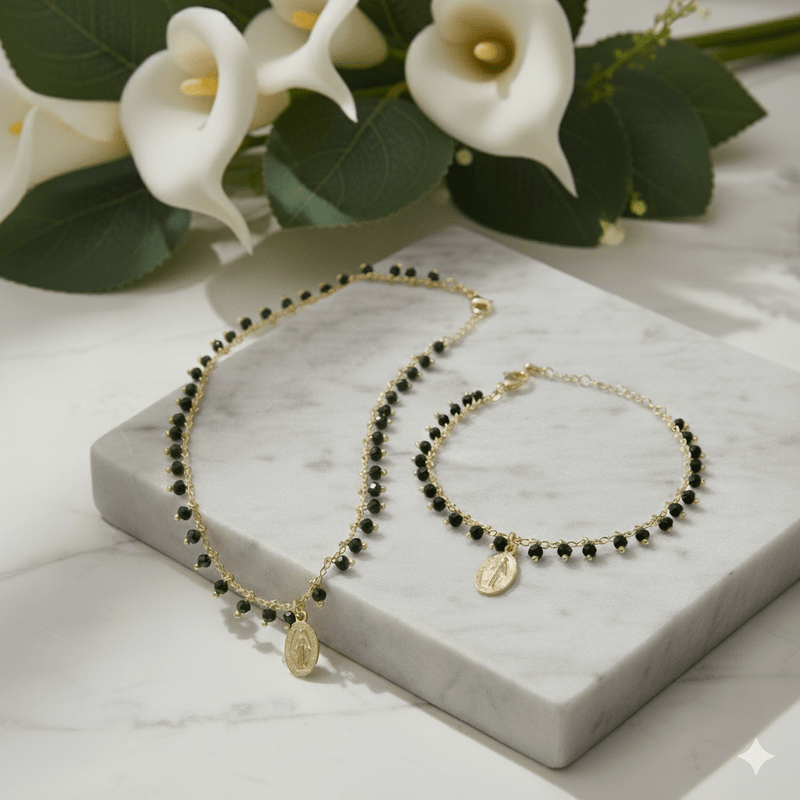 Gold - Plated Miraculous Medal Black Beaded Necklace 18 - inch - Guadalupe Gifts