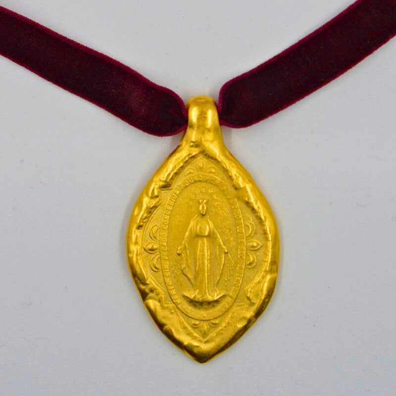 Gold - Plated Miraculous Medal Garnet Velvet Necklace III 18 - inch - Guadalupe Gifts