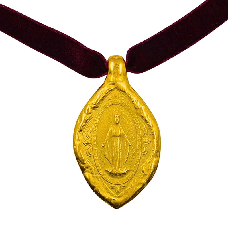 Gold - Plated Miraculous Medal Garnet Velvet Necklace III 18 - inch - Guadalupe Gifts