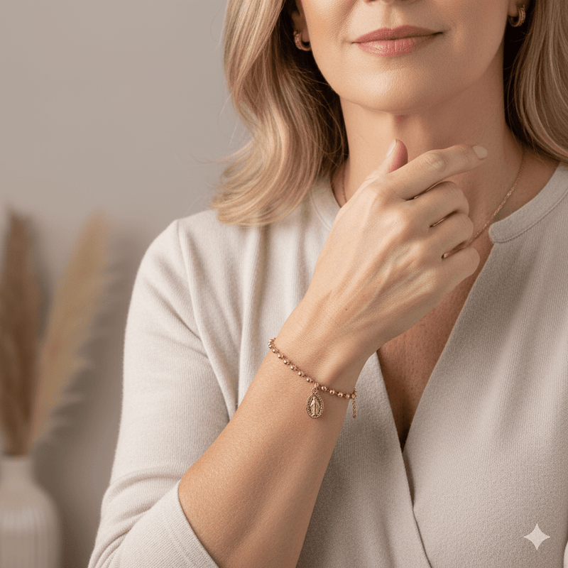 Gold - Plated Miraculous Medal Gold Bead Bracelet 7"+ 2.5" - Guadalupe Gifts