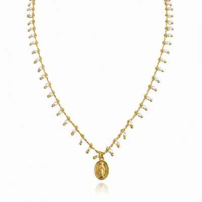Gold - Plated Miraculous Medal Mini - Pearl Beaded Necklace 18 - inch - Guadalupe Gifts