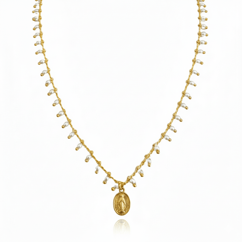 Gold - Plated Miraculous Medal Mini - Pearl Beaded Necklace 18 - inch - Guadalupe Gifts