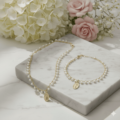 Gold - Plated Miraculous Medal Mini - Pearl Beaded Necklace 18 - inch - Guadalupe Gifts