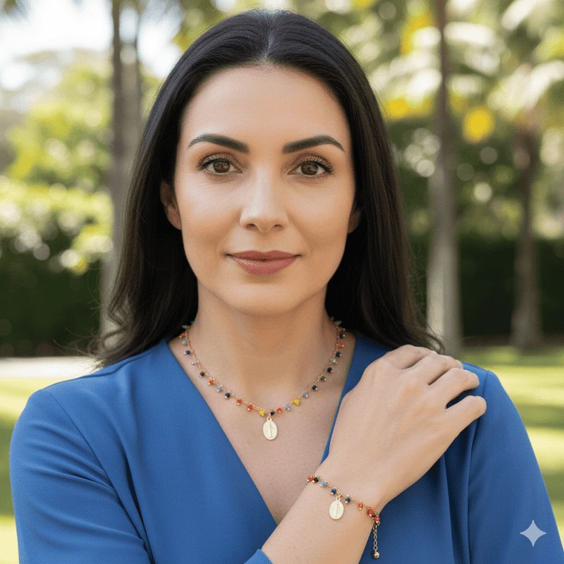 Gold - Plated Miraculous Medal Multicolor Beaded Necklace 18 - inch - Guadalupe Gifts