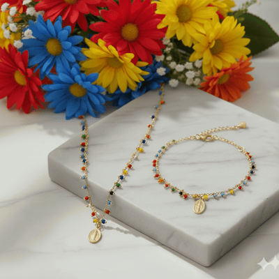Gold - Plated Miraculous Medal Multicolored Bead Bracelet 7"+ 2.5" - Guadalupe Gifts