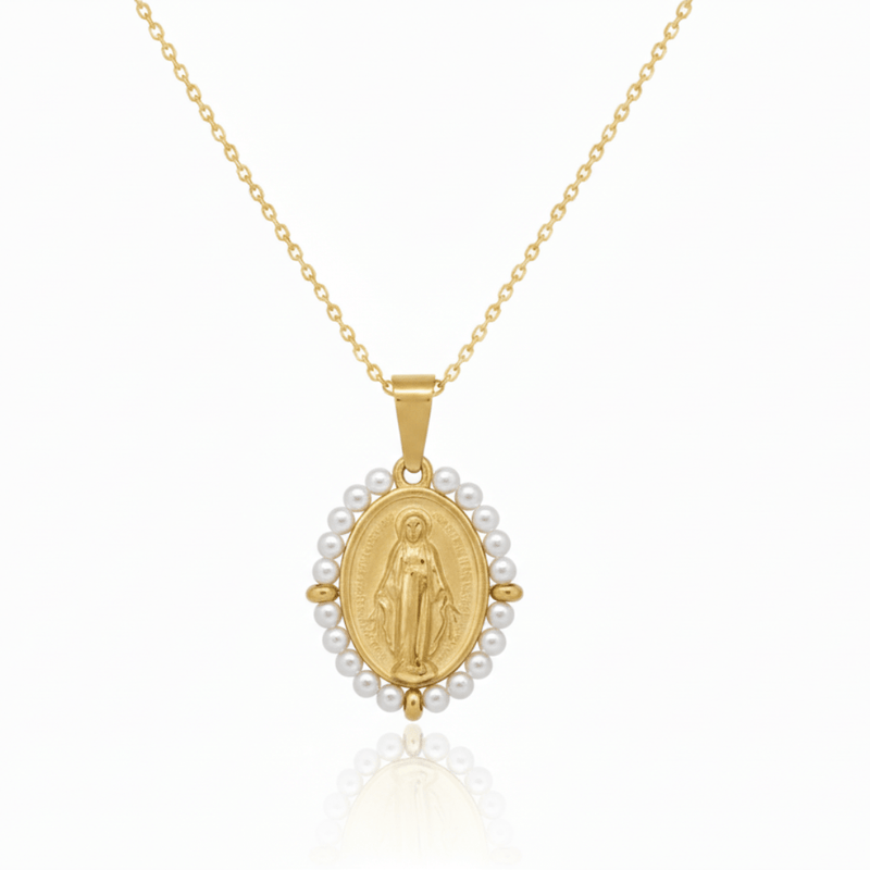 Gold - Plated Miraculous Medal Necklace with Pearl Beads – 20” - Guadalupe Gifts