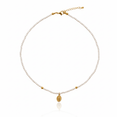 Gold - Plated Miraculous Medal Pendant Freshwater Pearl Bead Necklace 18 - inch - Guadalupe Gifts