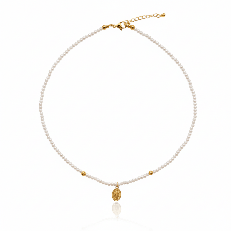 Gold - Plated Miraculous Medal Pendant Freshwater Pearl Bead Necklace 18 - inch - Guadalupe Gifts
