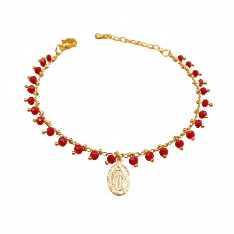 Gold - Plated Miraculous Medal Red Bead Bracelet 7"+ 2.5" - Guadalupe Gifts