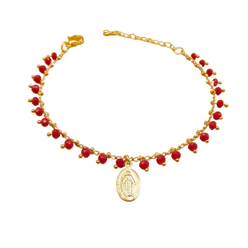 Gold-plated Miraculous Medal Red Bead Bracelet 7"+ 2.5" - Guadalupe Gifts