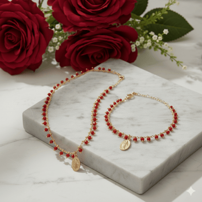 Gold - Plated Miraculous Medal Red Bead Bracelet 7"+ 2.5" - Guadalupe Gifts