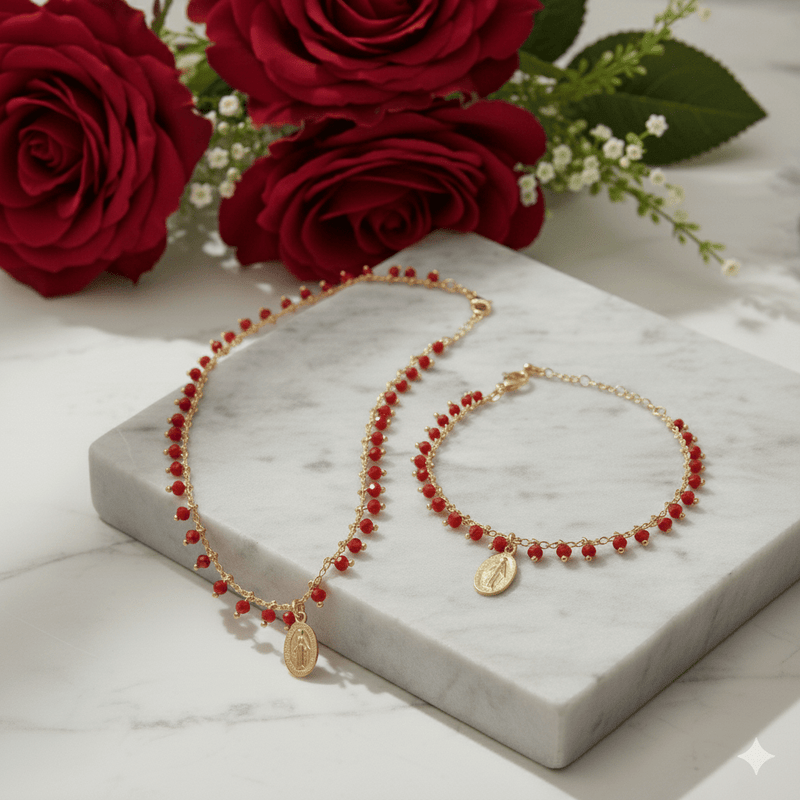 Gold - Plated Miraculous Medal Red Beaded Necklace 18 - inch - Guadalupe Gifts