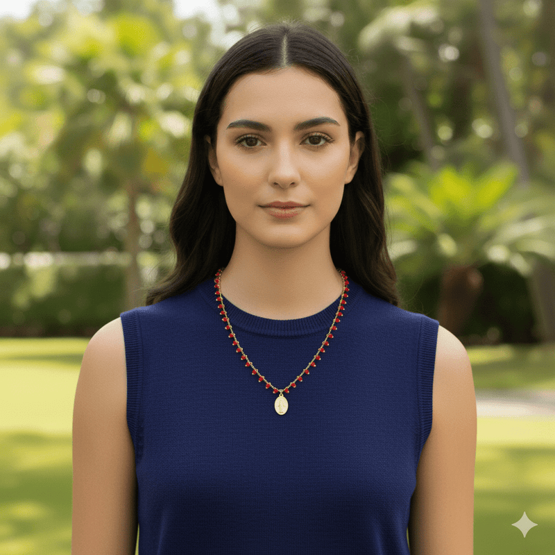 Gold - Plated Miraculous Medal Red Beaded Necklace 18 - inch - Guadalupe Gifts