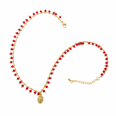 Gold - Plated Miraculous Medal Red Beaded Necklace 18 - inch - Guadalupe Gifts