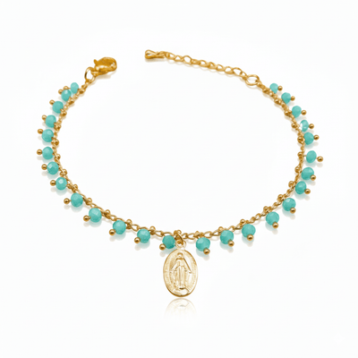 Gold - Plated Miraculous Medal Turquoise Beaded Bracelet 7"+ 2.5" - Guadalupe Gifts