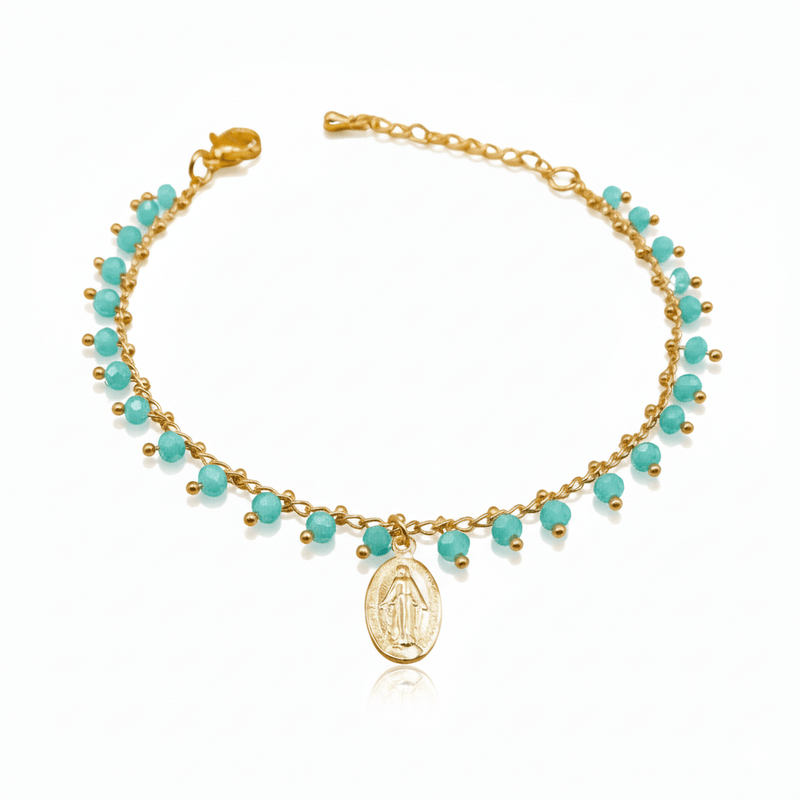 Gold - Plated Miraculous Medal Turquoise Beaded Bracelet 7"+ 2.5" - Guadalupe Gifts