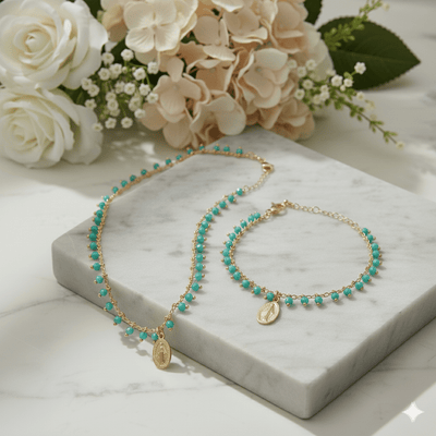 Gold - Plated Miraculous Medal Turquoise Beaded Bracelet 7"+ 2.5" - Guadalupe Gifts