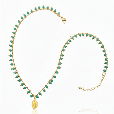 Gold - Plated Miraculous Medal Turquoise Beaded Necklace 18 - inch - Guadalupe Gifts