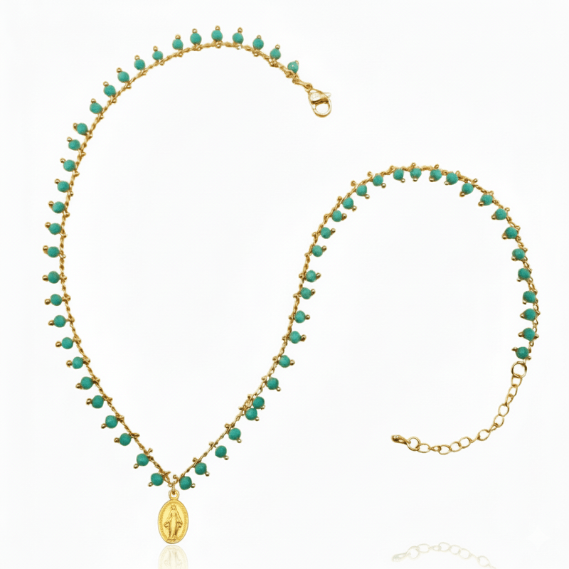 Gold - Plated Miraculous Medal Turquoise Beaded Necklace 18 - inch - Guadalupe Gifts