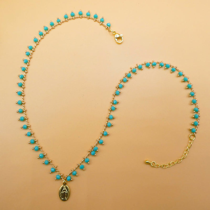 Gold-Plated Miraculous Medal Turquoise Beaded Necklace 18-inch - Guadalupe Gifts