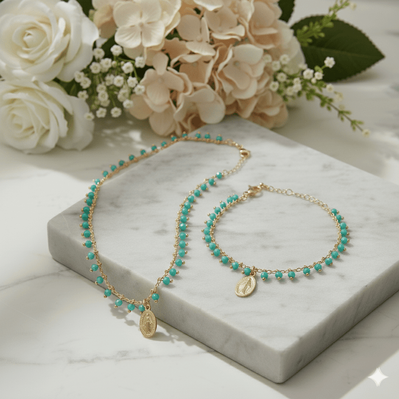Gold - Plated Miraculous Medal Turquoise Beaded Necklace 18 - inch - Guadalupe Gifts
