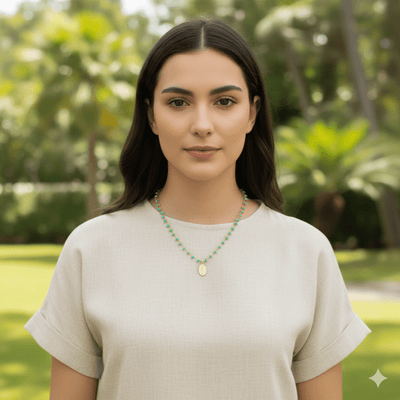 Gold - Plated Miraculous Medal Turquoise Beaded Necklace 18 - inch - Guadalupe Gifts