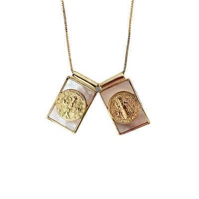 Gold - Plated Mother of Pearl St Benedict Scapular Necklace 18 - inch - Guadalupe Gifts