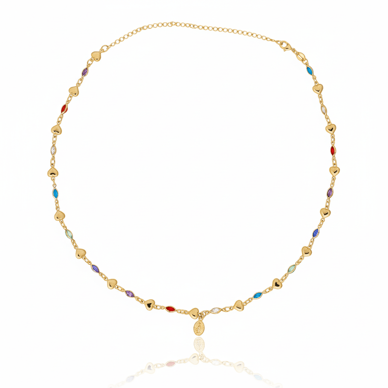 Gold - Plated Multicolor Zirconia Our Lady of Grace Necklace 16 - inch - Guadalupe Gifts