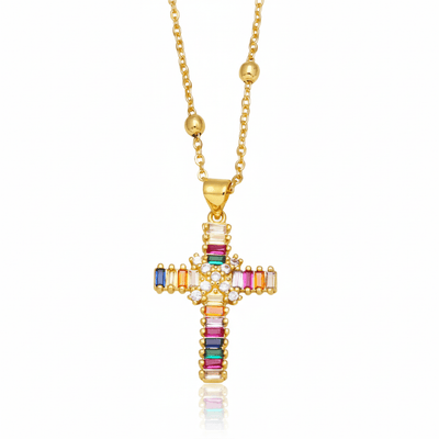 Gold - Plated Multicolored Zirconia Cross Necklace 18 - inch - Guadalupe Gifts