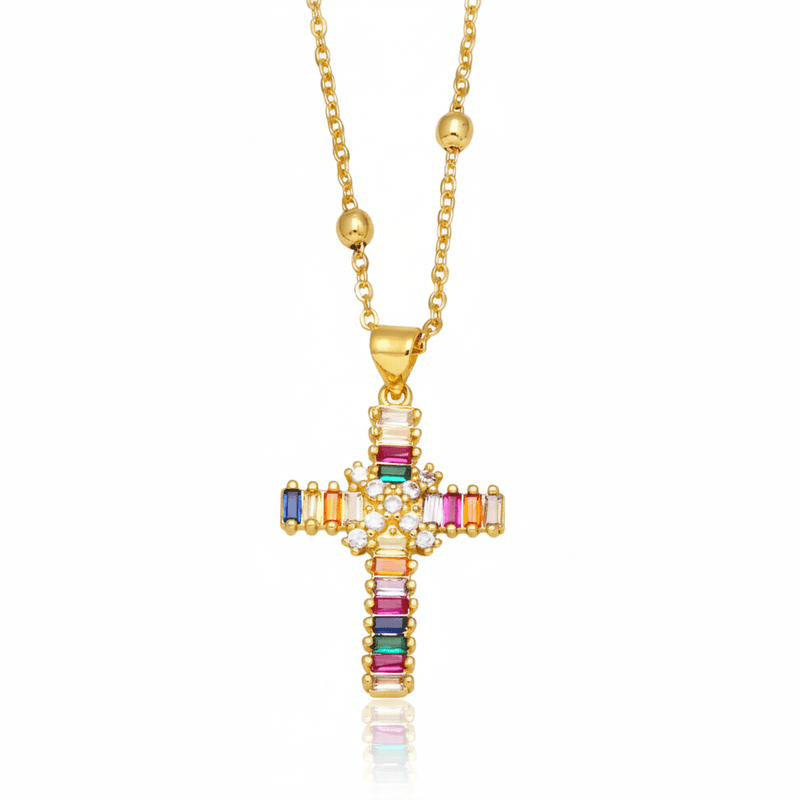 Gold - Plated Multicolored Zirconia Cross Necklace 18 - inch - Guadalupe Gifts