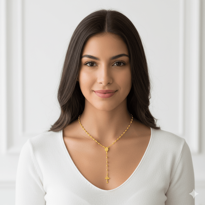 Gold - Plated Our Lady of Grace Dainty Rosary Necklace 18 - inch - Guadalupe Gifts