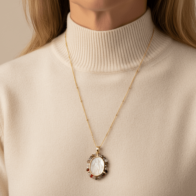 Gold - Plated Our Lady of Grace Mother of Pearl & Multicolor Zircon Necklace 18 - inch - Guadalupe Gifts