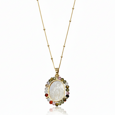 Gold - Plated Our Lady of Grace Mother of Pearl & Multicolor Zircon Necklace 18 - inch - Guadalupe Gifts